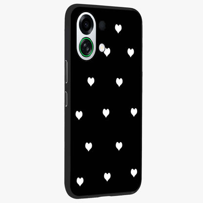 Cute And Simple White Hearts Glass Case upright view showcasing simple white hearts artwork with soft minimal theme.