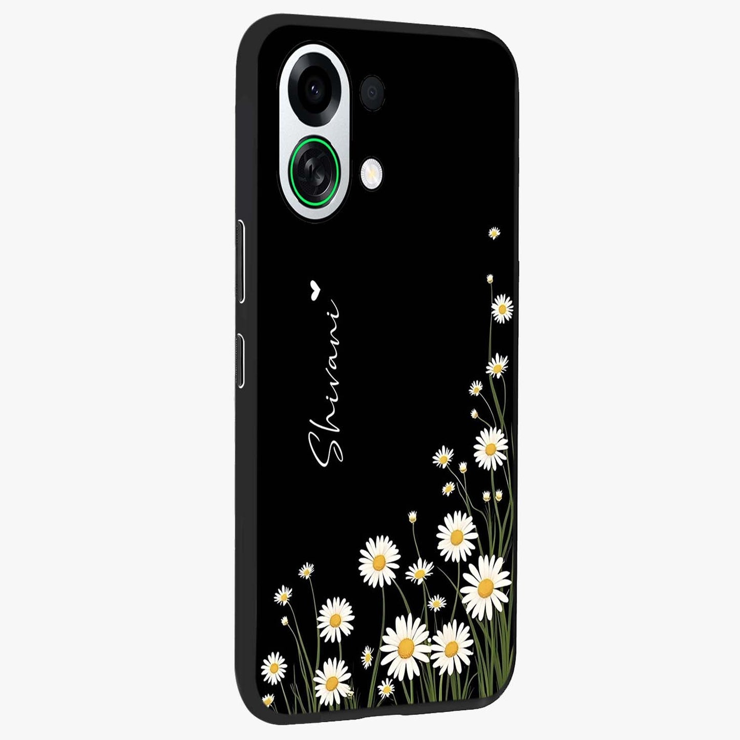 Daisy Cascade Custom Name Glass Case upright view showcasing elegant floral cascade design with personalized aesthetic.