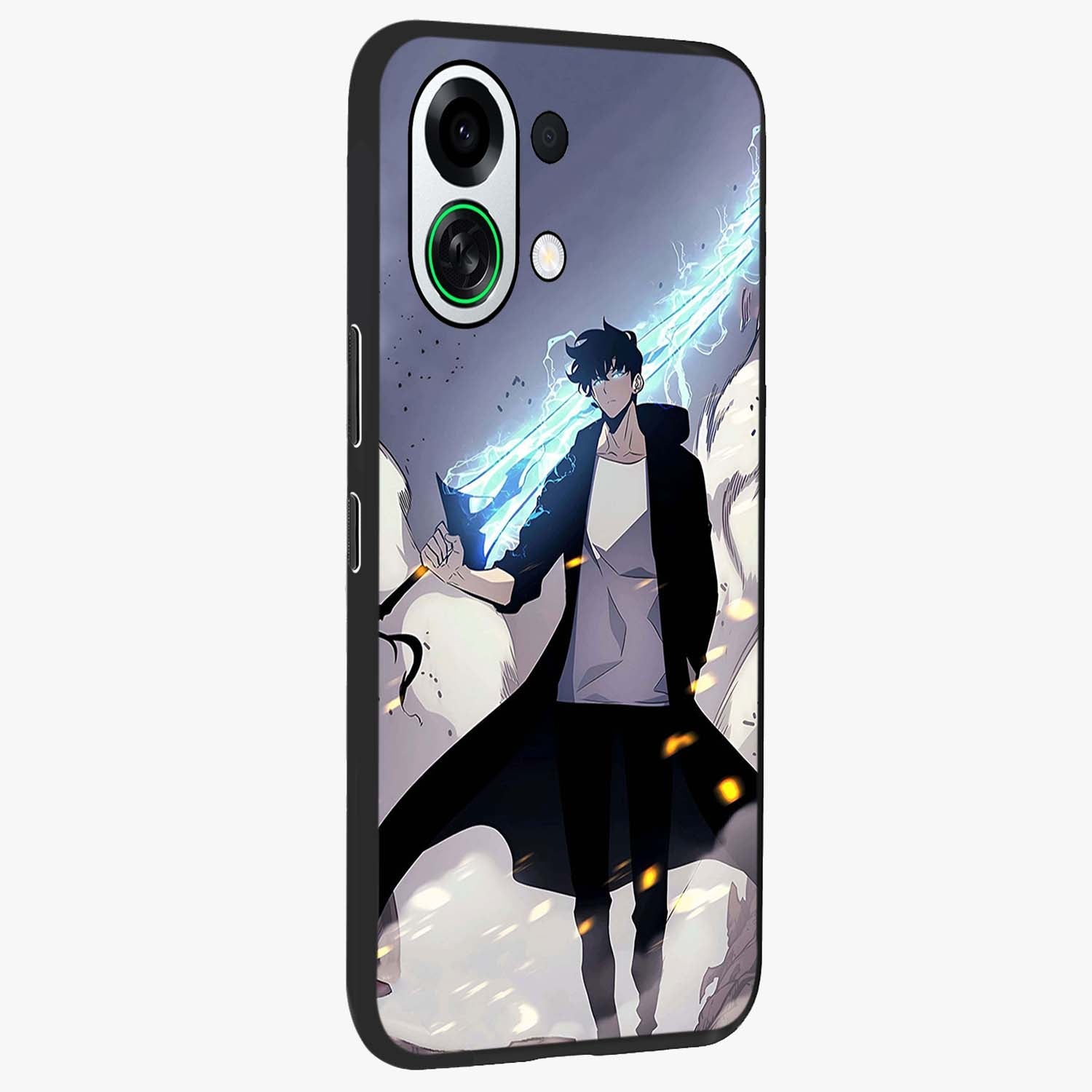 Dark Lightning Anime Warrior Glass Case upright view showcasing dramatic warrior artwork with dark lightning aesthetic.