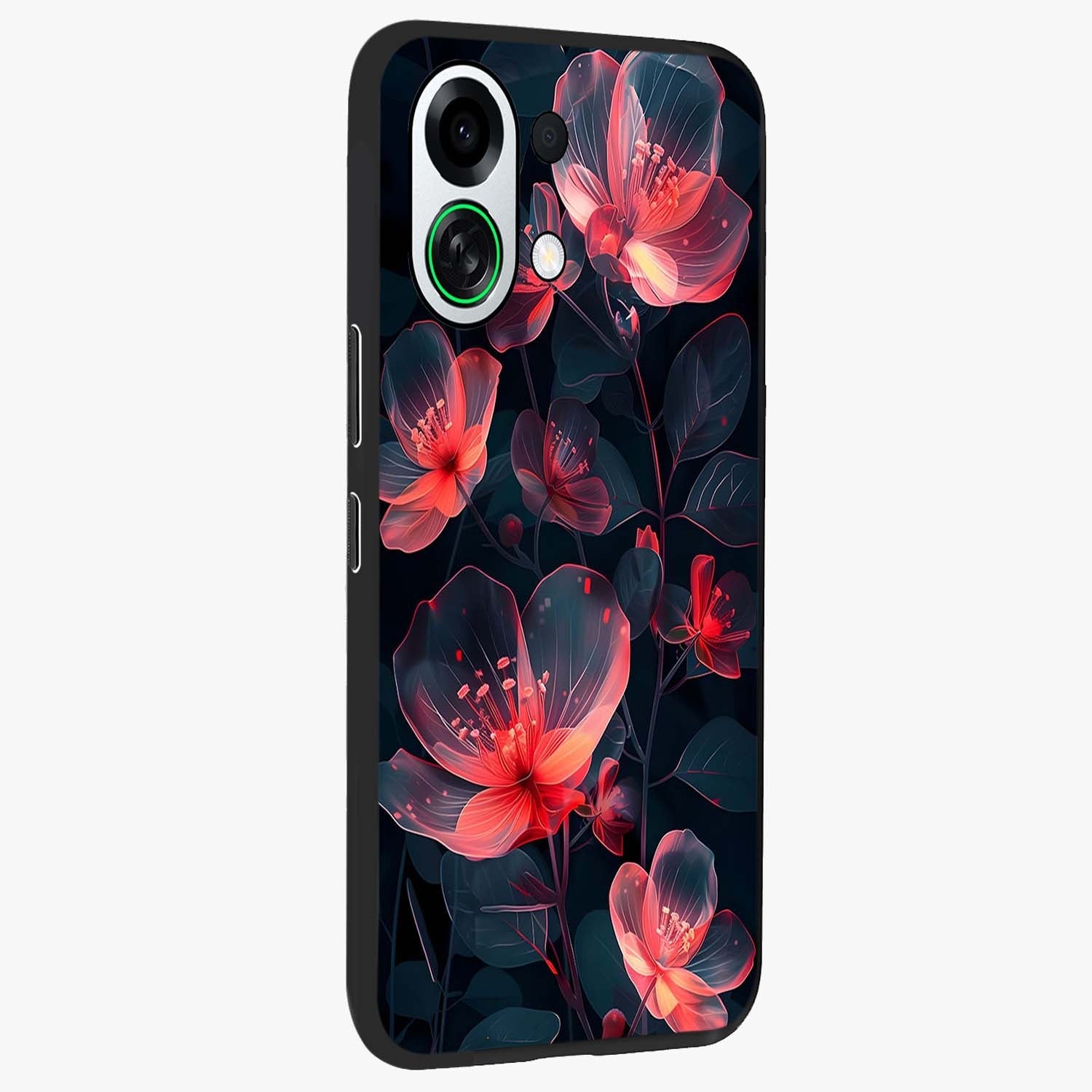 Dark Shade of Flower Glass Case upright view showcasing delicate flower artwork with rich dark floral theme.
