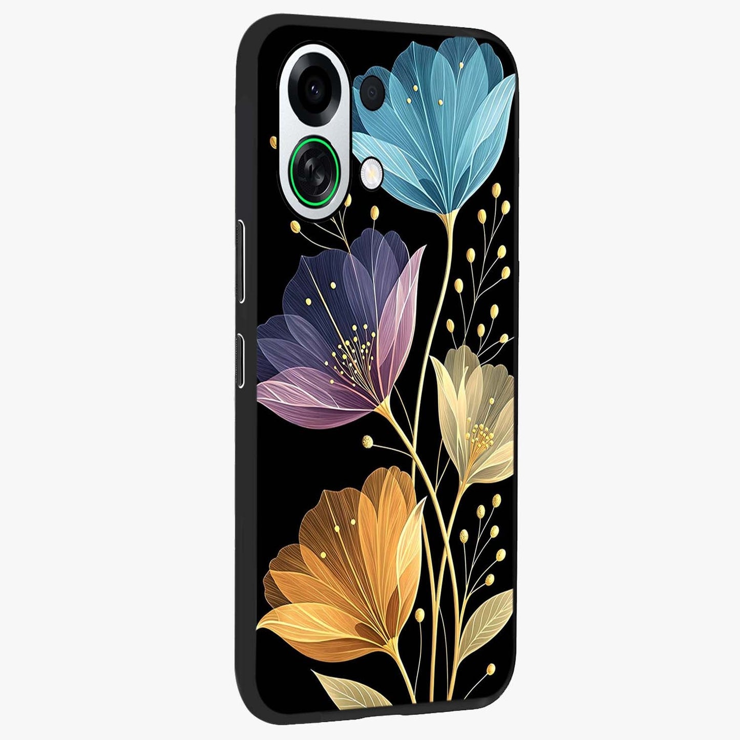 Delicate Multicolor Flowers Glass Case upright view showcasing delicate floral artwork with bright botanical theme.