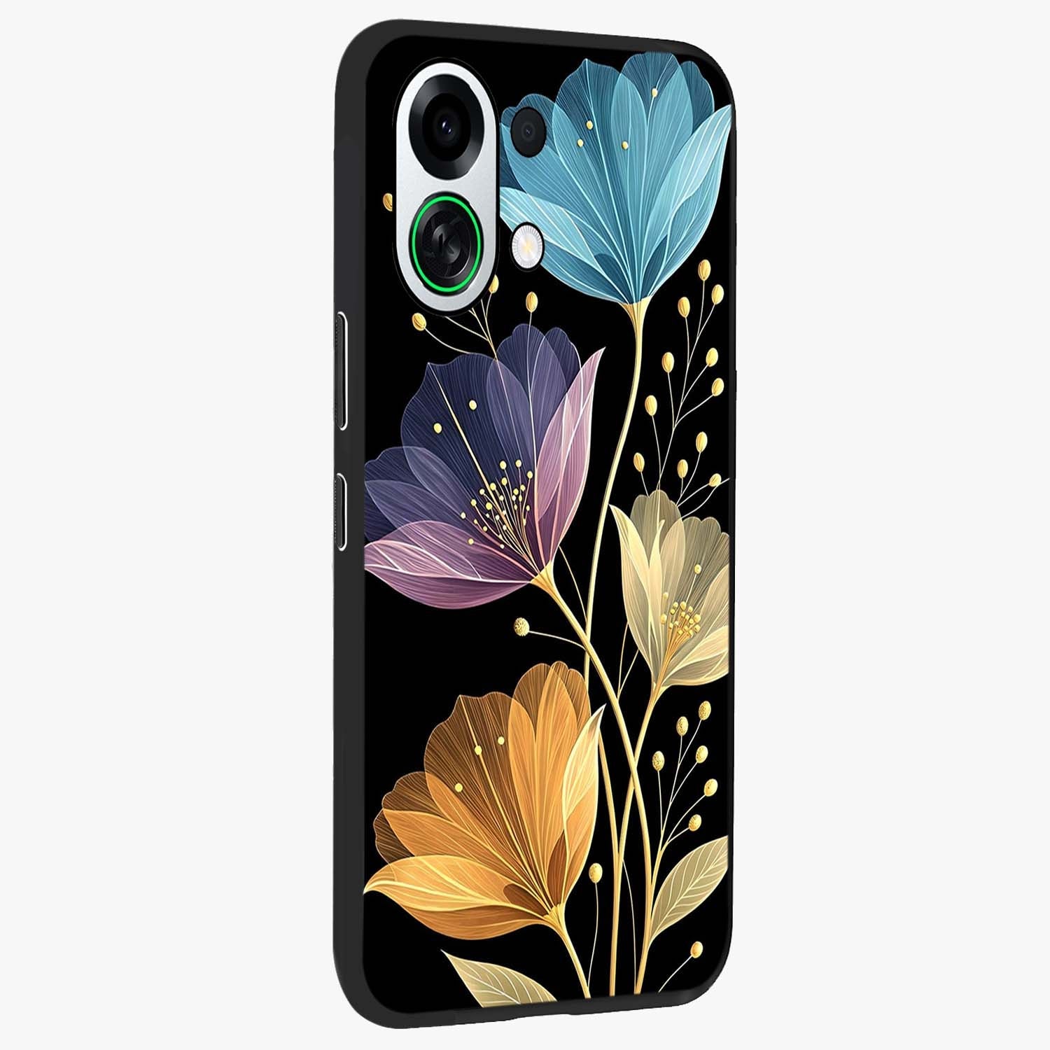 Delicate Multicolor Flowers Glass Case upright view showcasing delicate floral artwork with bright botanical theme.