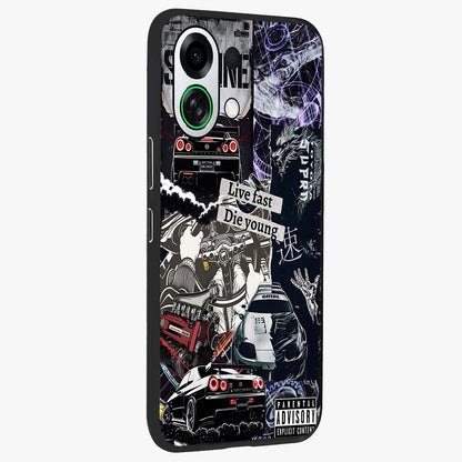 Die Young Glass Case upright view showcasing striking typography artwork with modern statement theme.