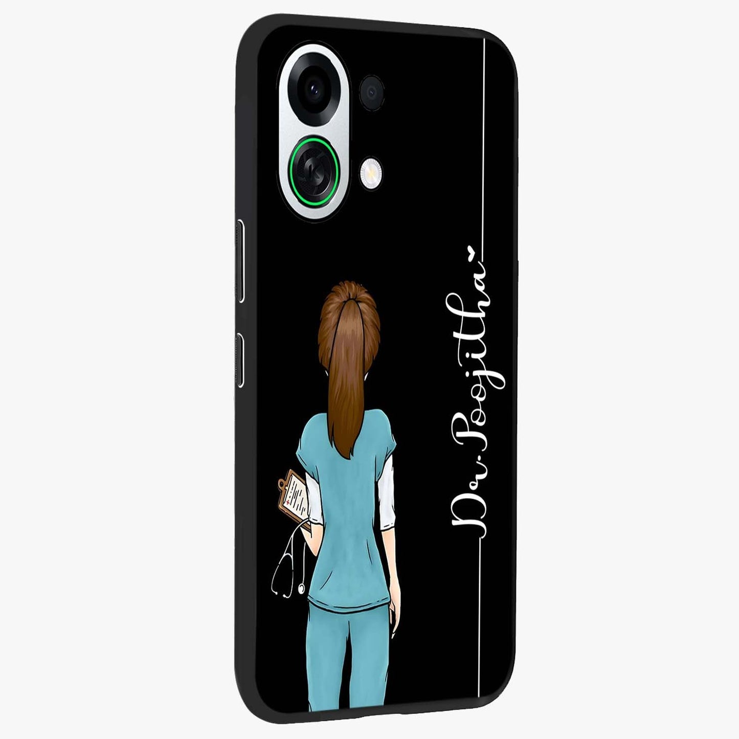 Doctor Pattern Custom Name Glass Case upright view showcasing healthcare themed design with personalized aesthetic.