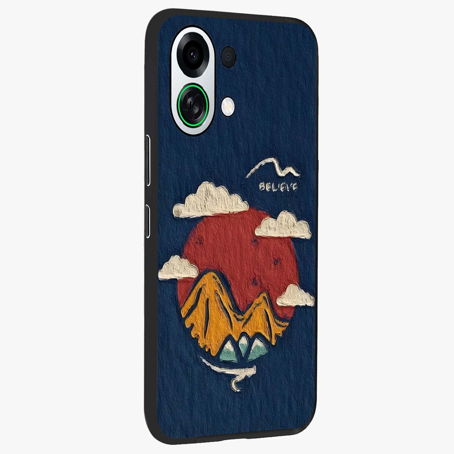 Dream Beyond Mountains Glass Case upright view showcasing beautiful mountain scenery with inspirational nature theme.
