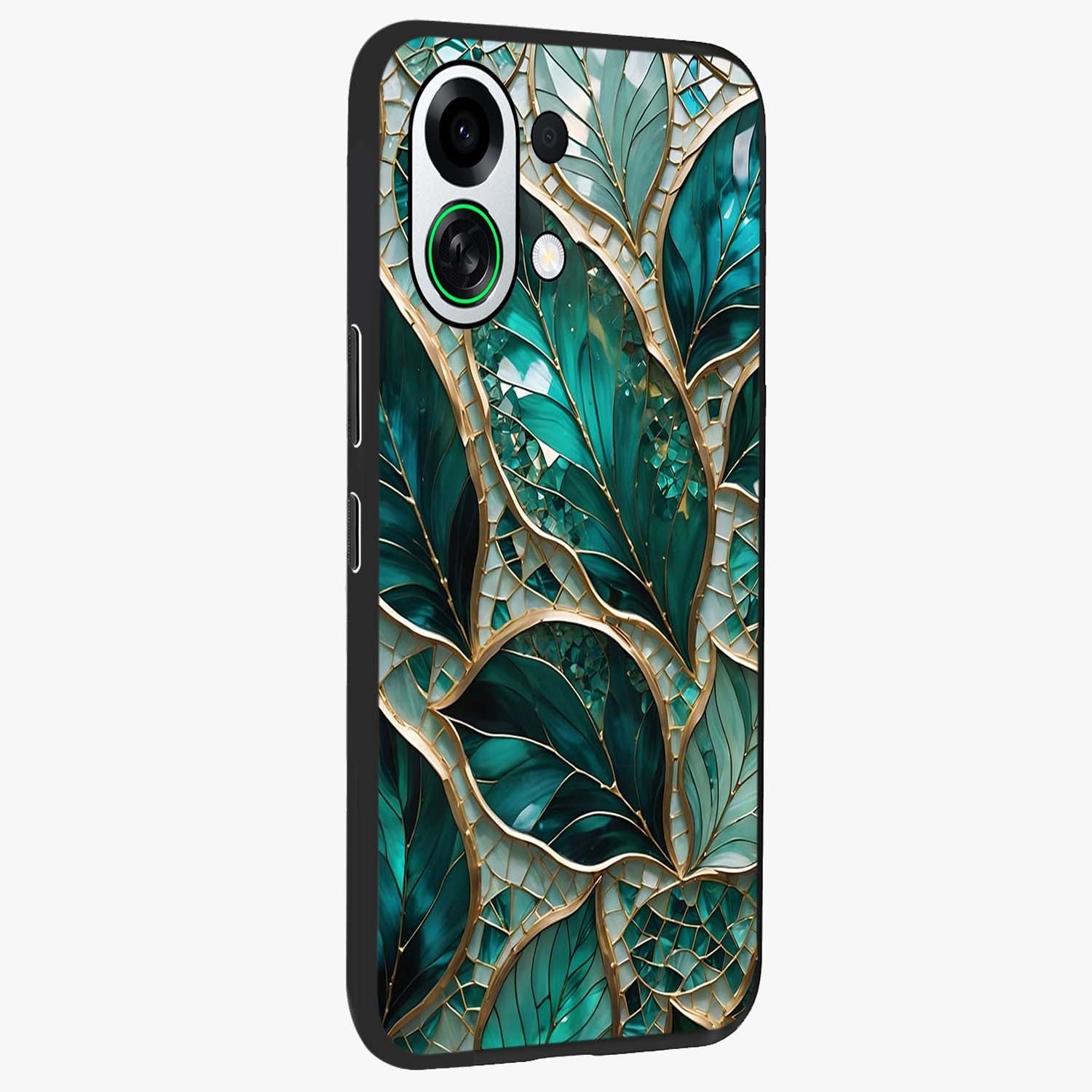 Emerald Leaf Glass Glass Case upright view showcasing fresh green leaf artwork with calming nature inspired style.