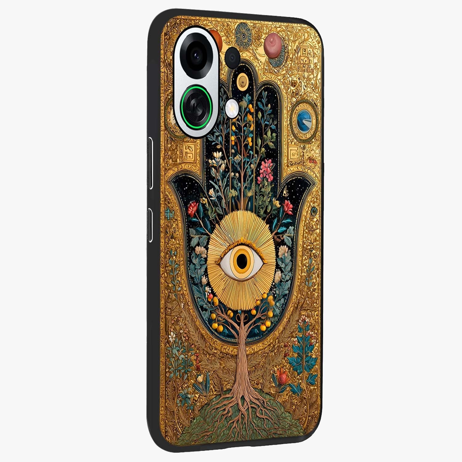 Ethereal Evil Eye Glass Case upright view showcasing celestial evil eye artwork with mystical theme.