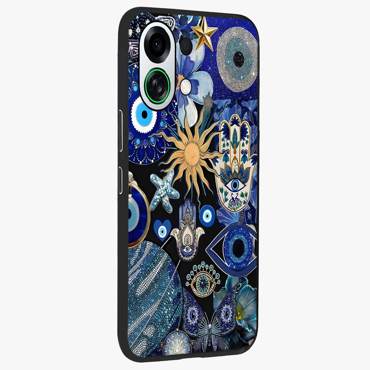 Evil Eye Charm Mix Glass Case upright view showcasing mystical evil eye pattern with vibrant decorative style.