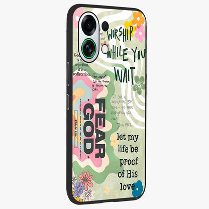 Faith Over Fear Glass Case upright view showcasing bold typography artwork with uplifting motivational theme.