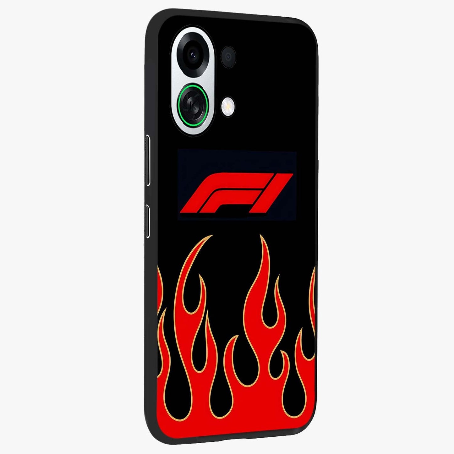 Fire F11 Glass Case upright view showcasing dynamic flame artwork with intense visual theme.