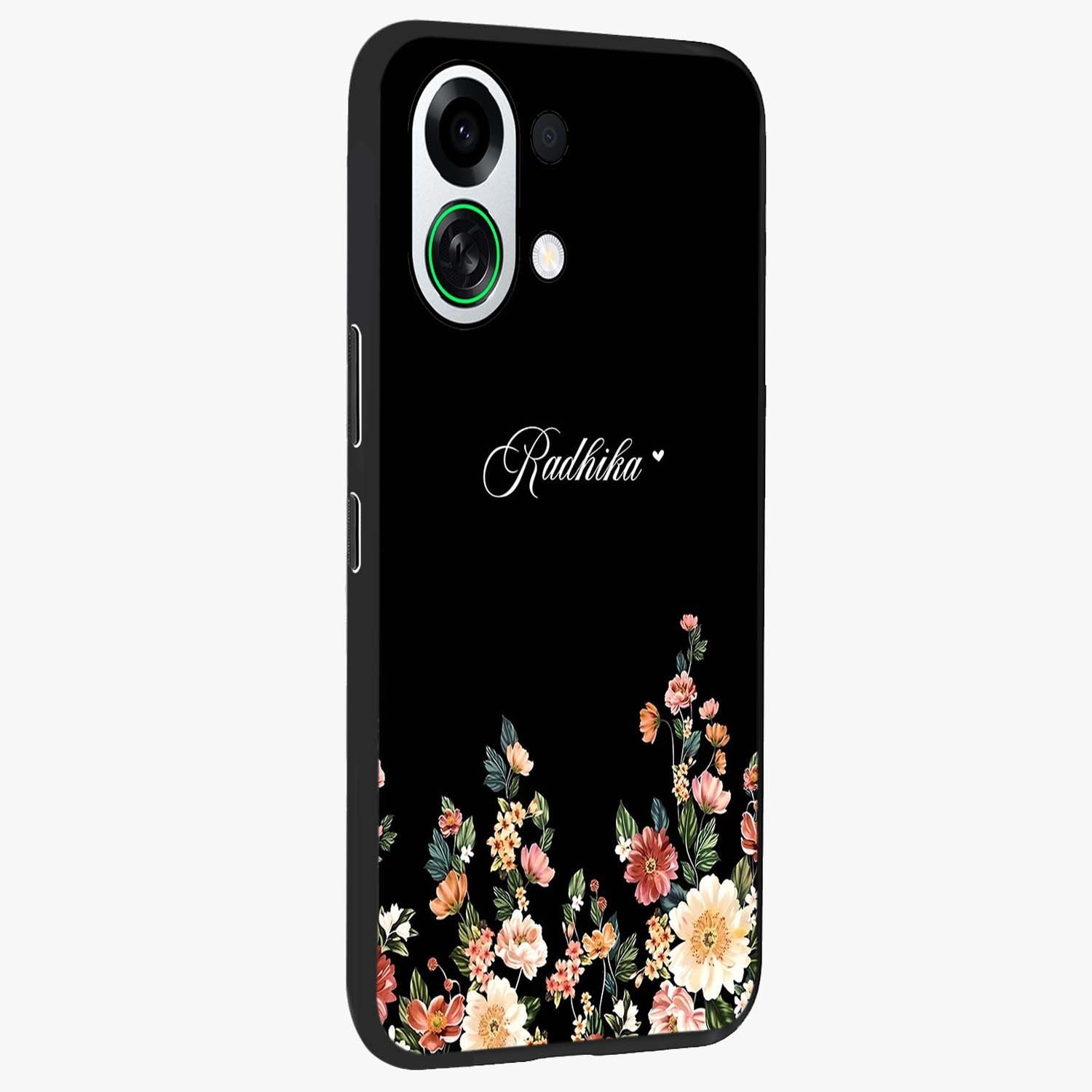 Floral Design With a Custom Personalized Name Glass Case upright view showcasing delicate floral artwork with personalized aesthetic style.