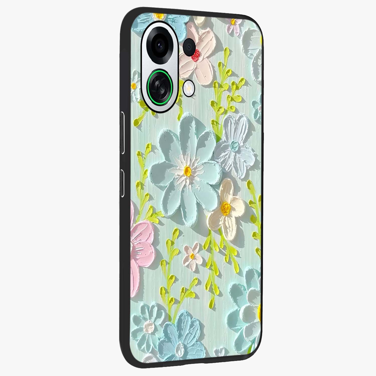 Frosted Petal Garden Glass Case upright view showcasing elegant floral garden artwork with soothing pastel theme.