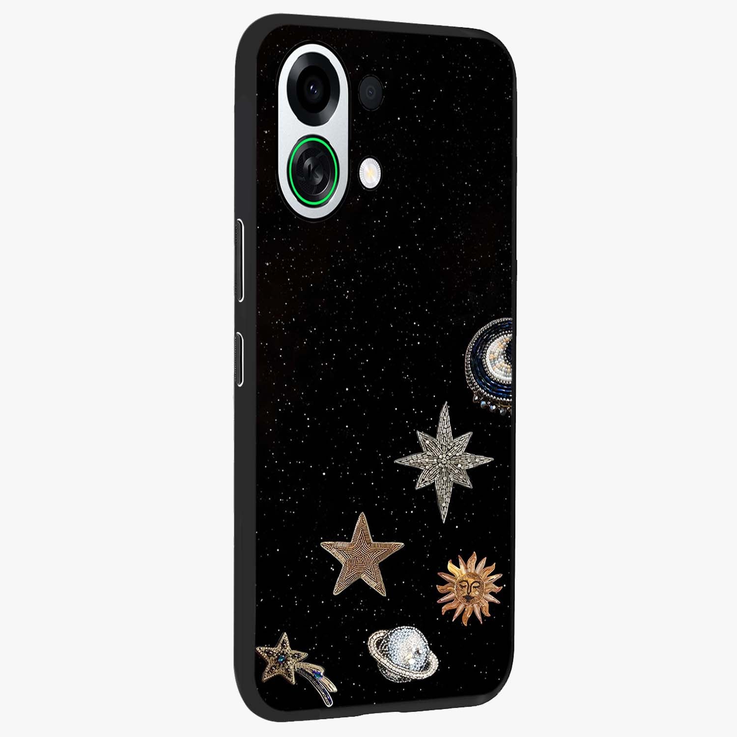 Galactic Charm Glow Glass Case upright view showcasing glowing cosmic charm artwork with magical celestial style.