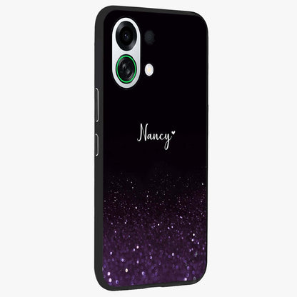 Glittery Purple Bokeh Custom Name Glass Case upright view showcasing vibrant purple sparkle artwork with personalized aesthetic style.