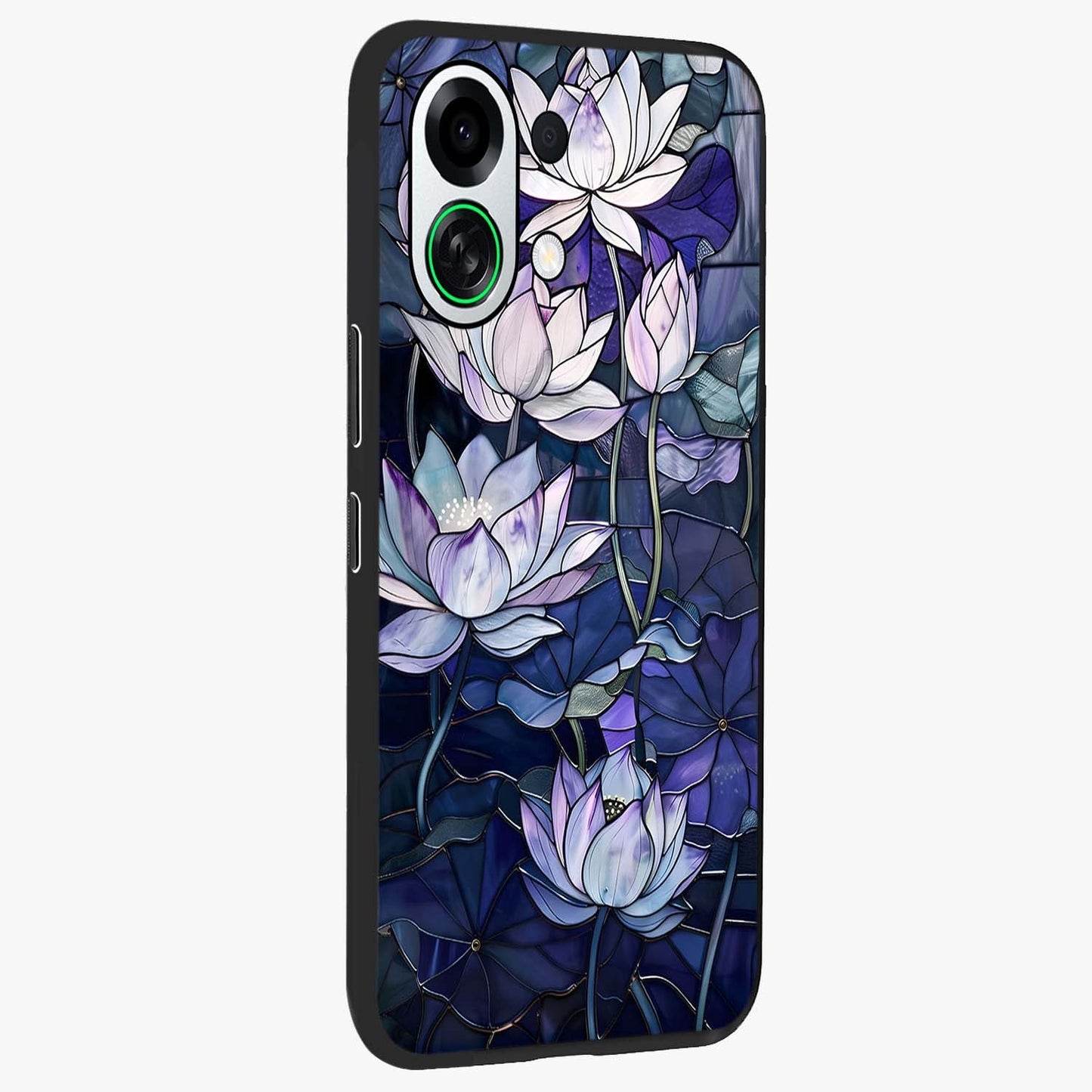 Gloss Petal Rush Glass Case upright view showcasing dynamic floral petal artwork with modern botanical theme.