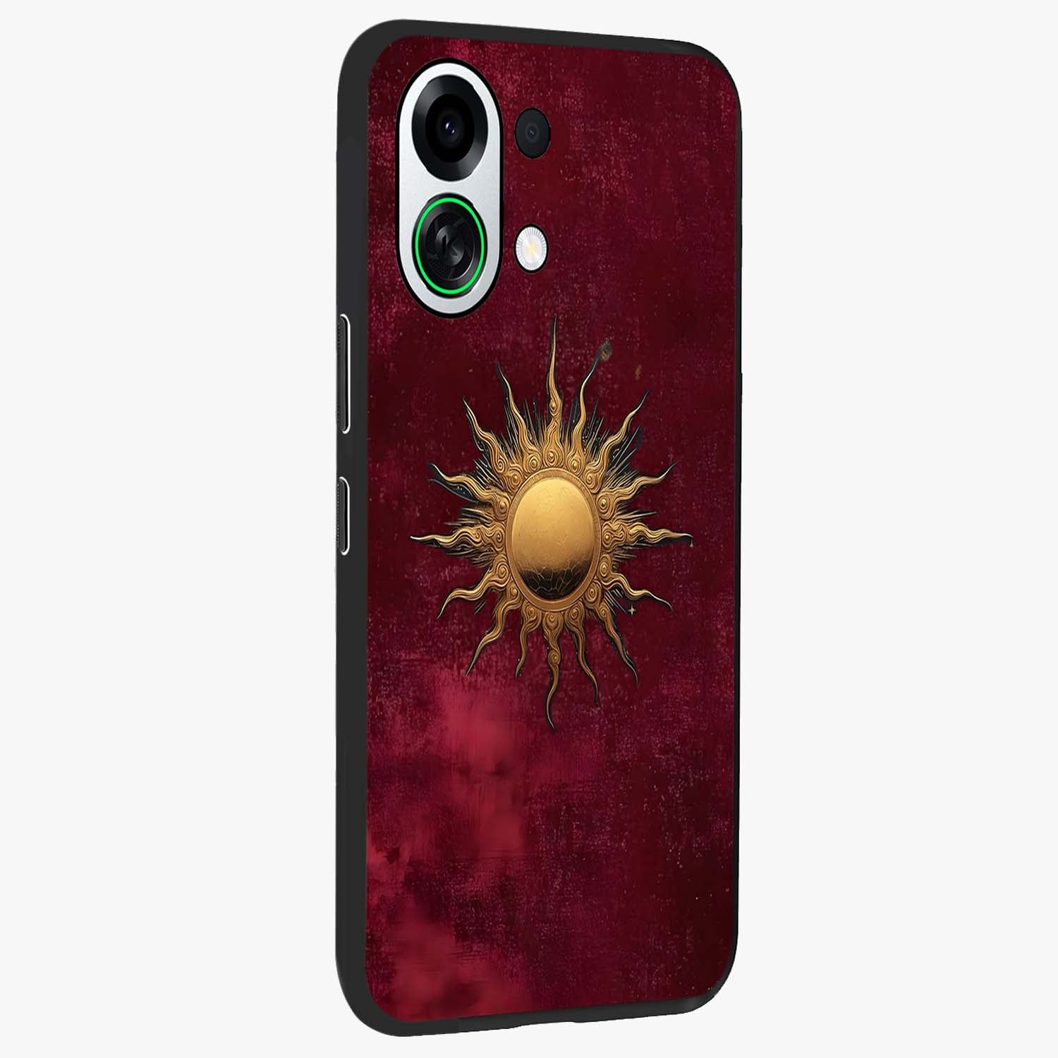 Golden Sun Minimalism Glass Case upright view showcasing simple golden sun artwork with elegant minimalist style.