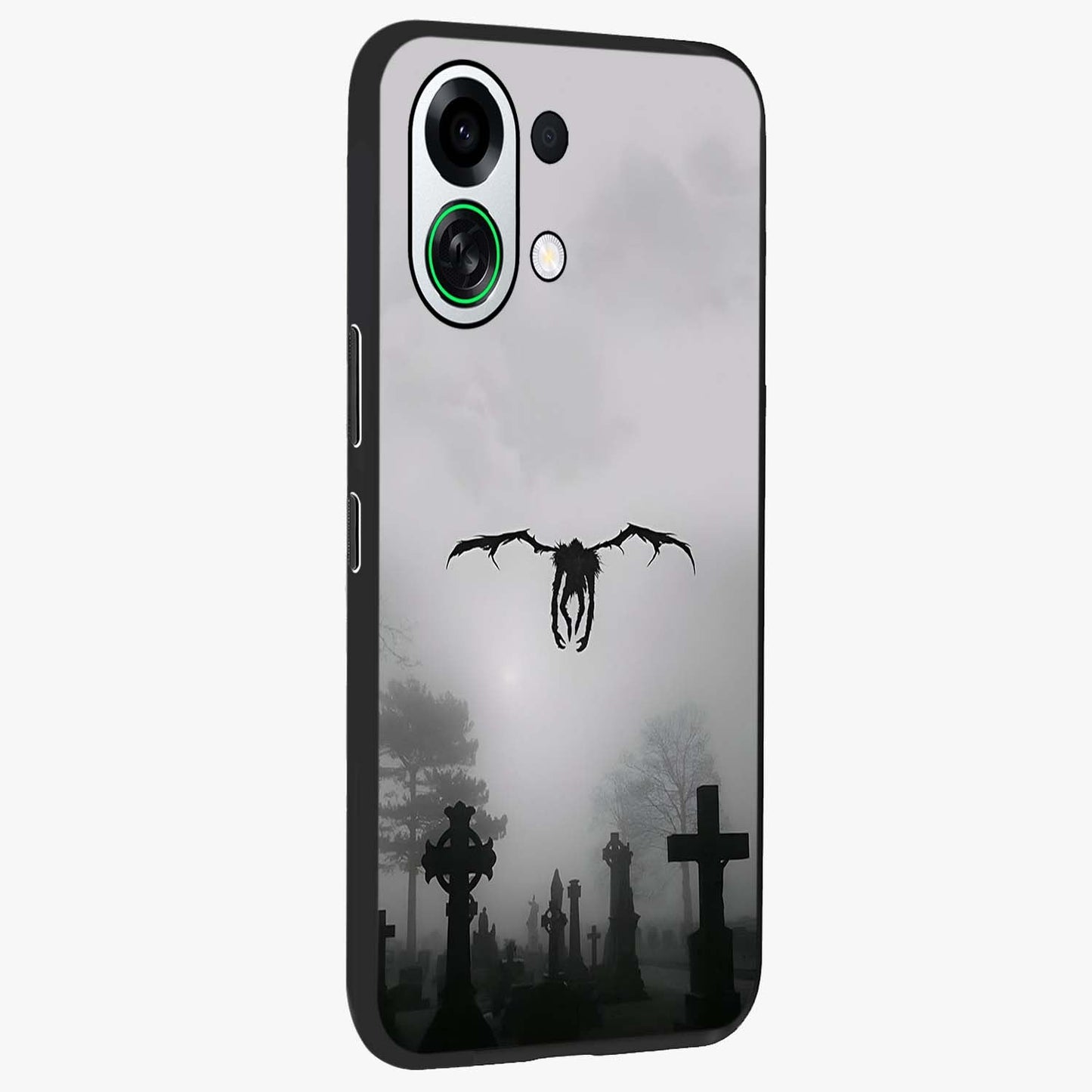 Graveyard Shadow Descent Glass Case upright view showcasing haunting graveyard artwork with dramatic dark theme.