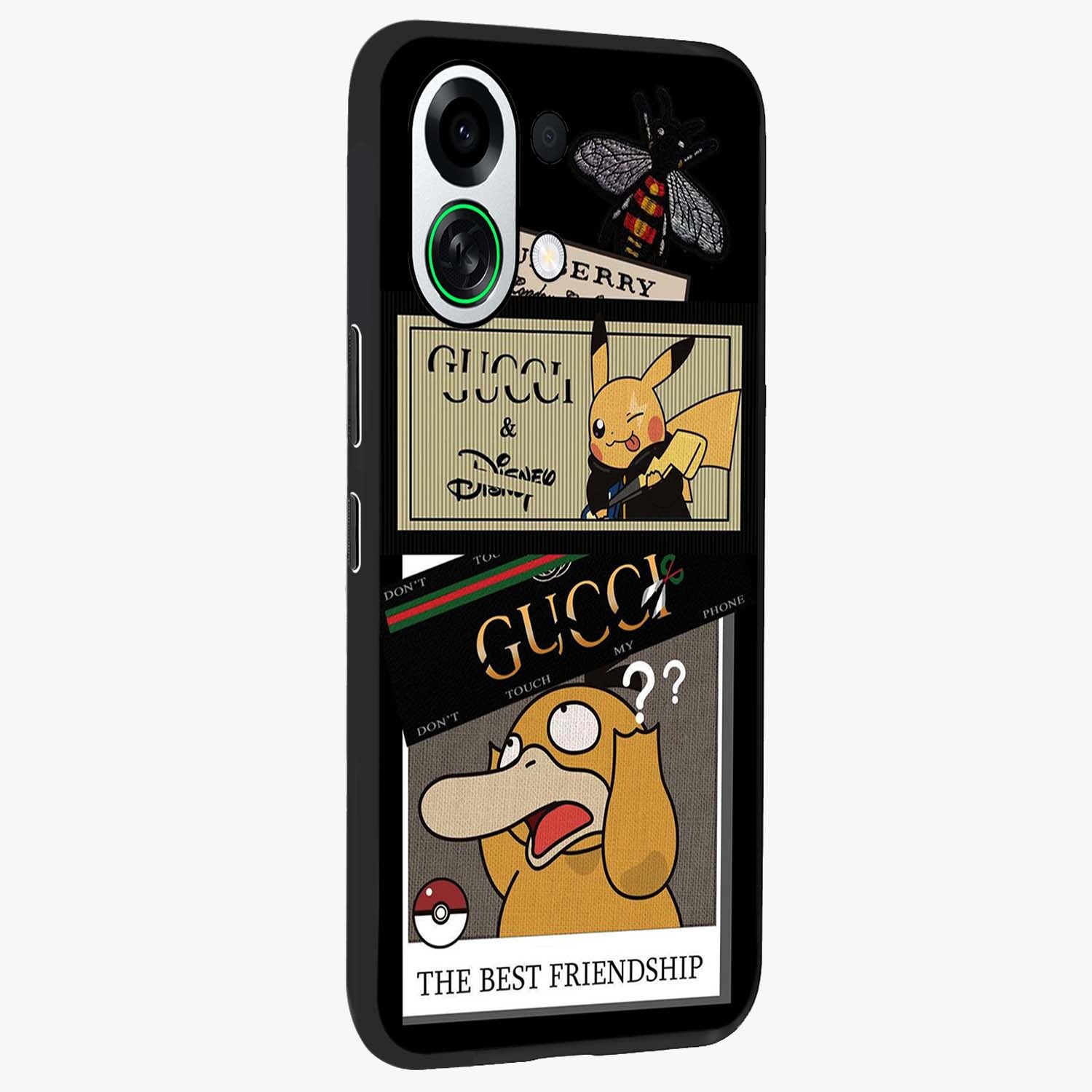 Gucci Play Mashup Glass Case upright view showcasing trendy luxury inspired artwork with modern fashion theme.