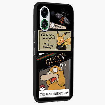 Gucci Play Mashup Glass Case upright view showcasing trendy luxury inspired artwork with modern fashion theme.