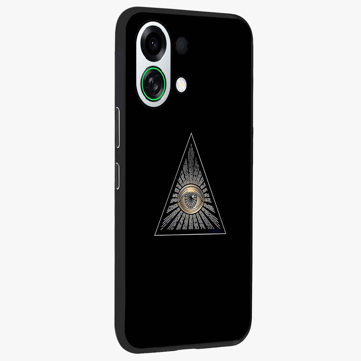 Illuminati Evil Glass Case upright view showcasing striking illuminati artwork with mysterious symbolic theme.