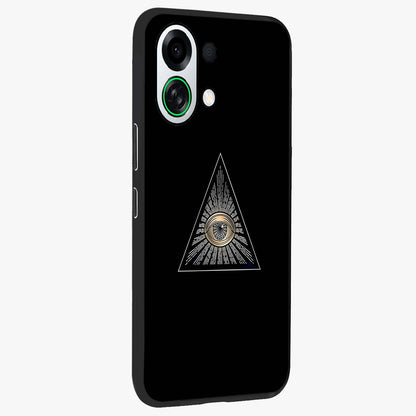 Illuminati Evil Glass Case upright view showcasing striking illuminati artwork with mysterious symbolic theme.