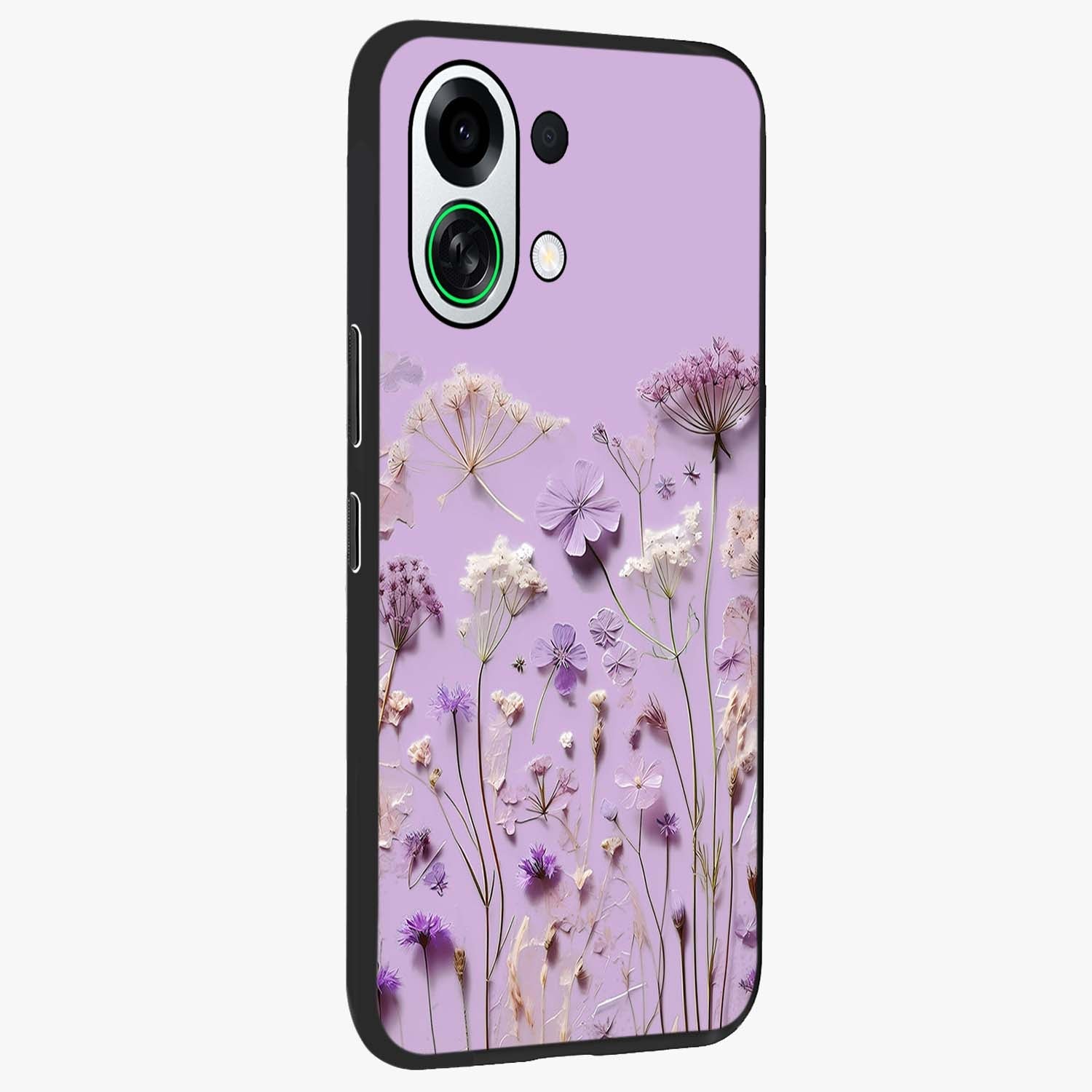 Lavender Blossom Dream Glass Case upright view showcasing delicate lavender blossom artwork with peaceful floral theme.