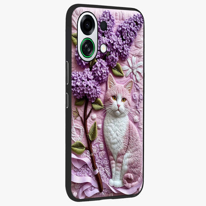 Lavender Cat Whimsy Glass Case upright view showcasing charming cat artwork with whimsical lavender theme.