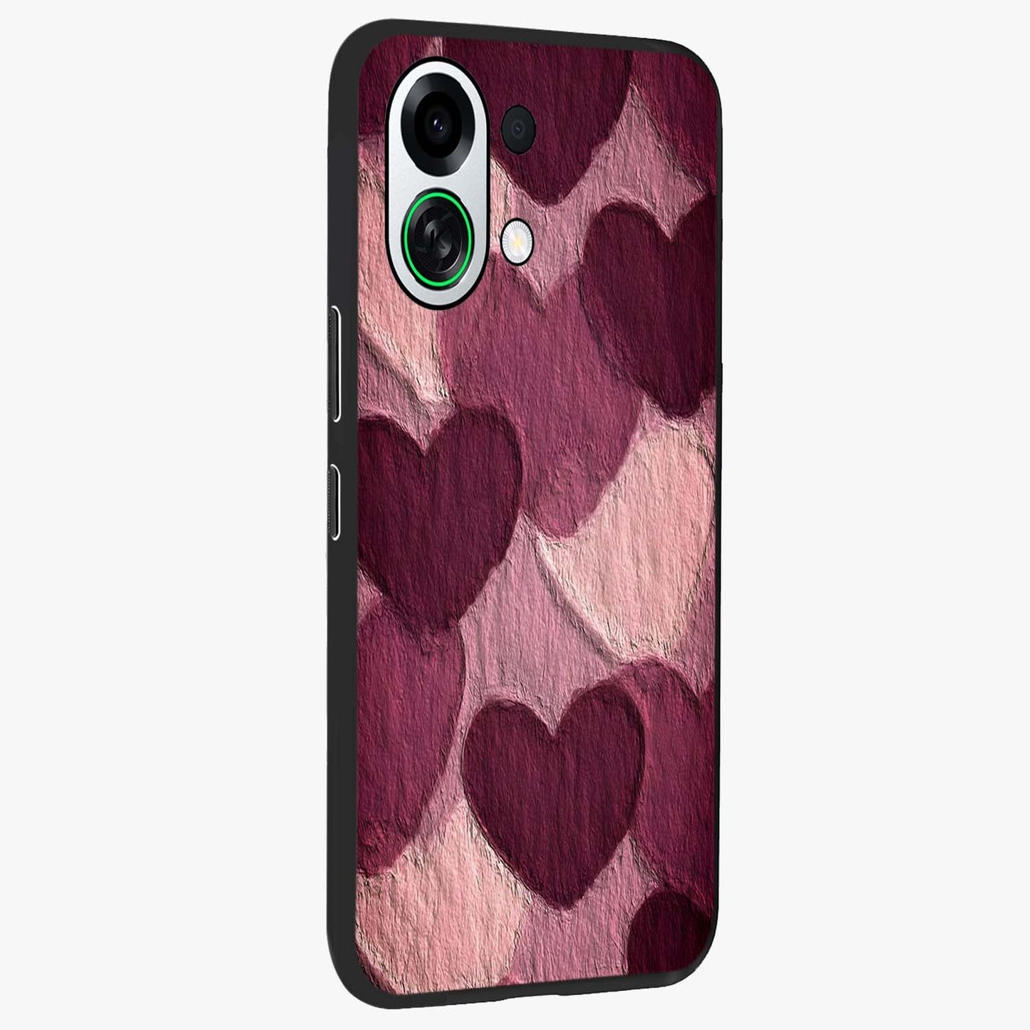Layered Paper Hearts Glass Case upright view showcasing decorative layered heart artwork with sweet love theme.