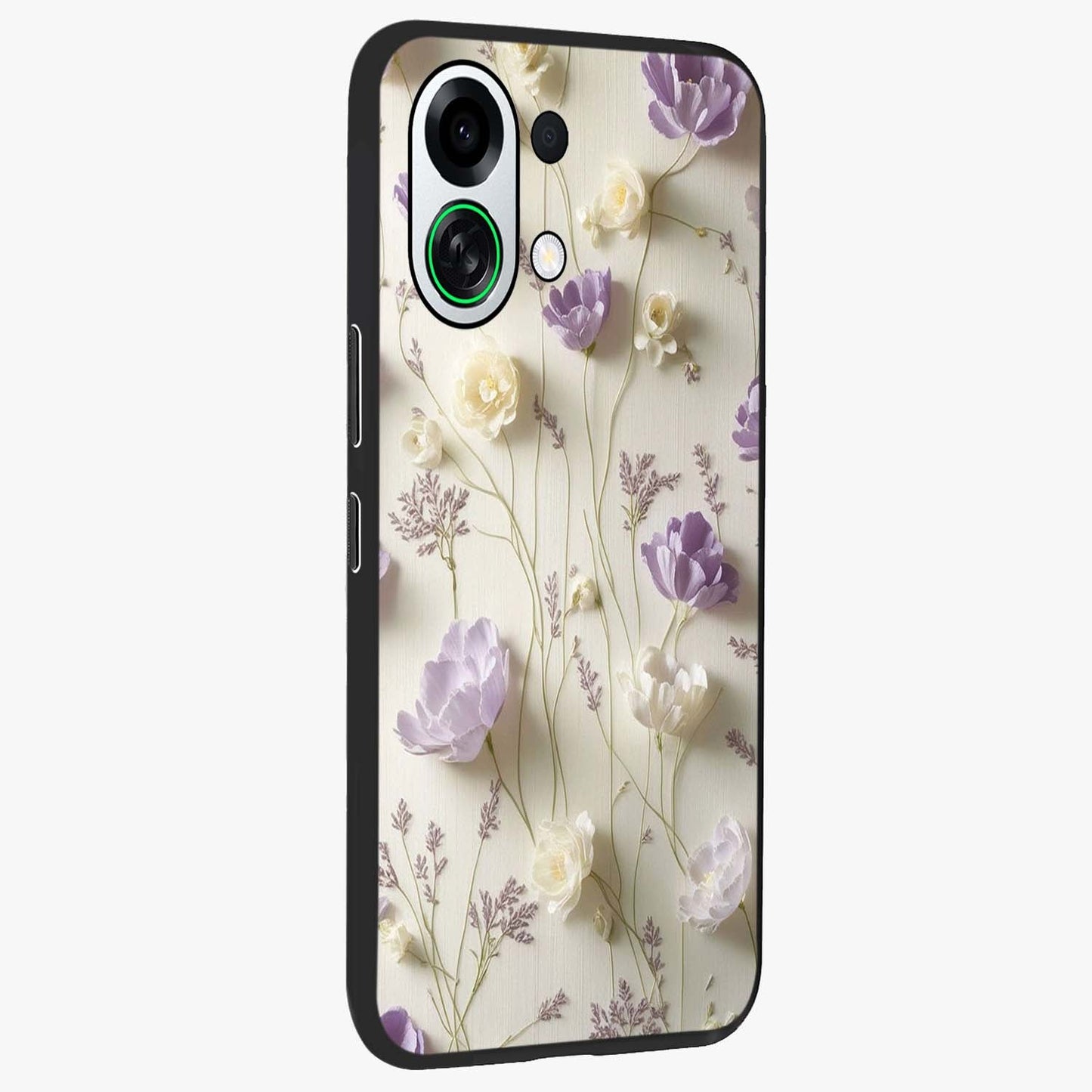Lilac Breeze Harmony Glass Case upright view showcasing delicate lilac artwork with peaceful floral theme.