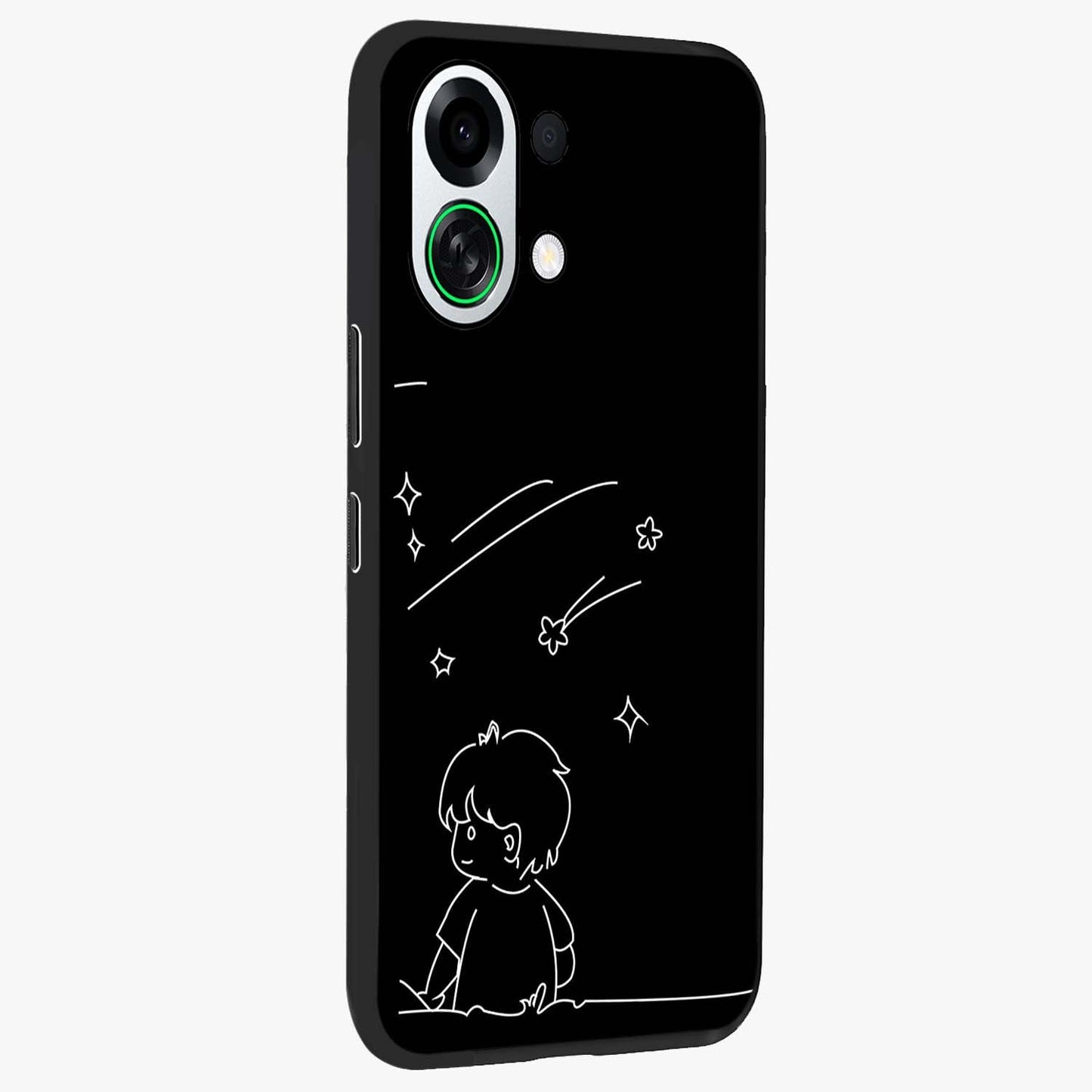 Line Art Boy With Shooting Stars Glass Case upright view showcasing artistic shooting star illustration with minimal style.