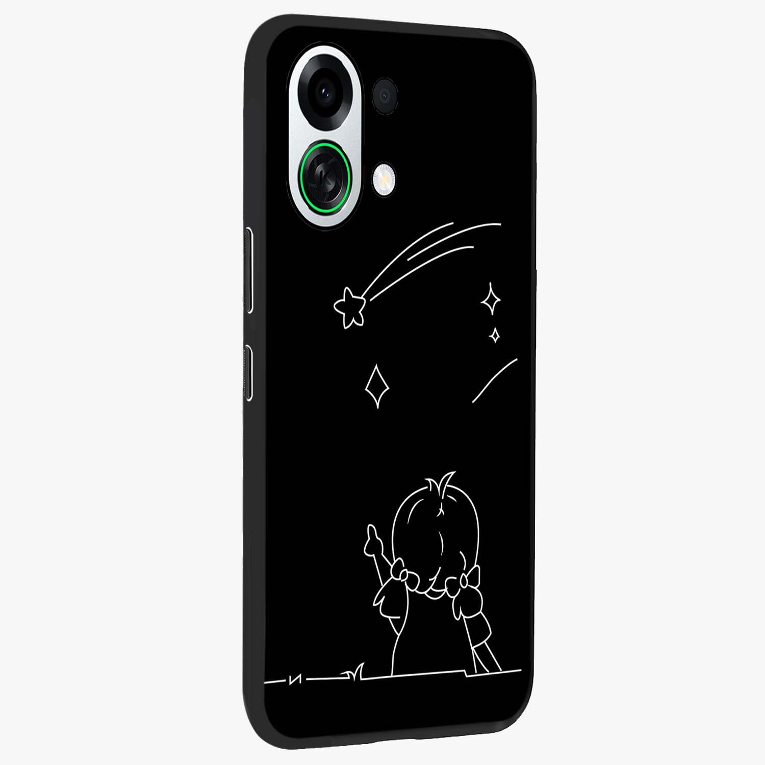 Line Art Girl With Shooting Stars Glass Case upright view showcasing delicate shooting stars artwork with minimal artistic theme.