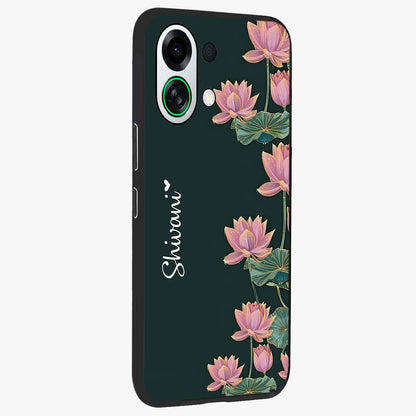 Lotus Bloom Serenity Custom Name Glass Case upright view showcasing serene lotus bloom artwork with personalized floral aesthetic.
