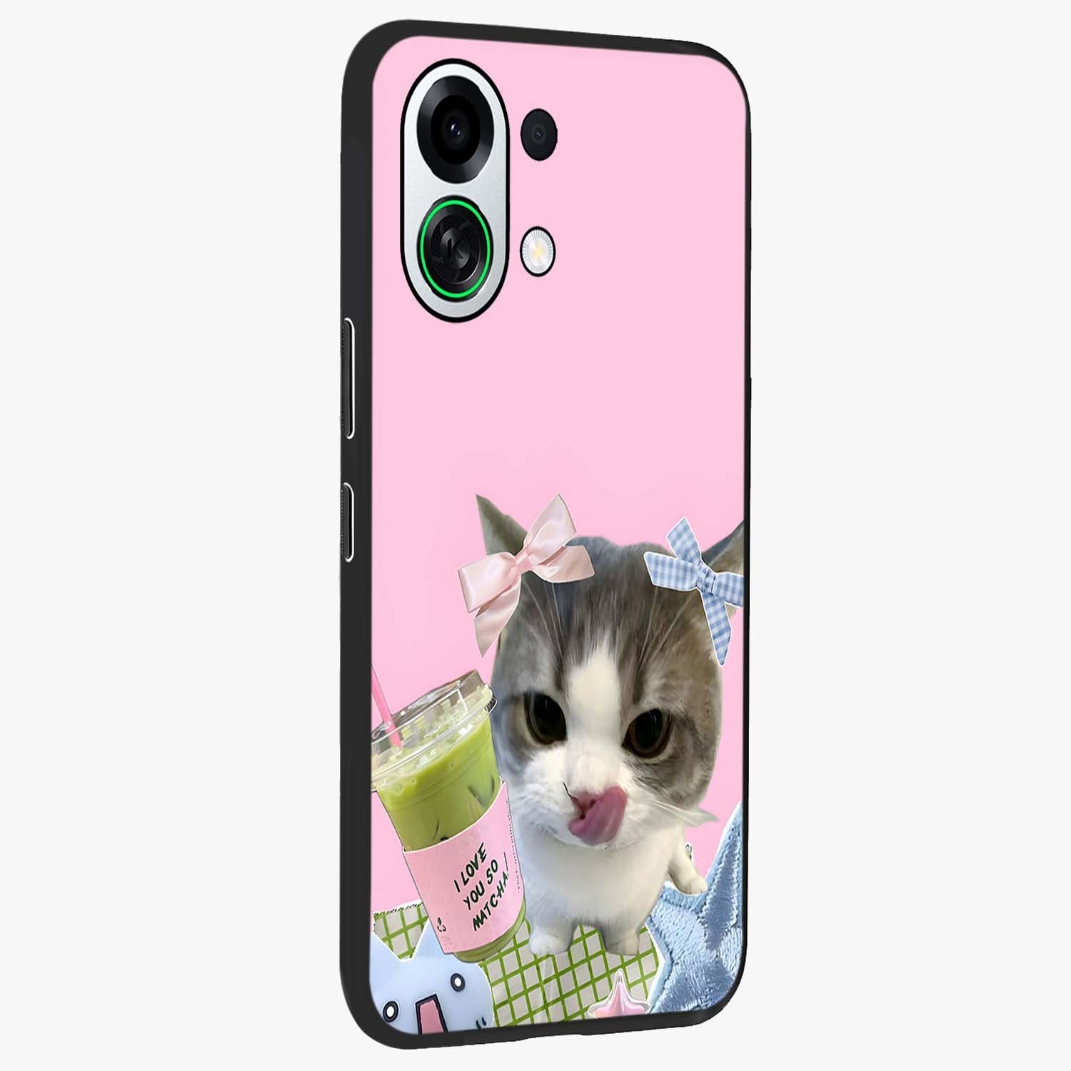 Love Matcha Cat Glass Case upright view showcasing adorable cat artwork with charming matcha themed design.