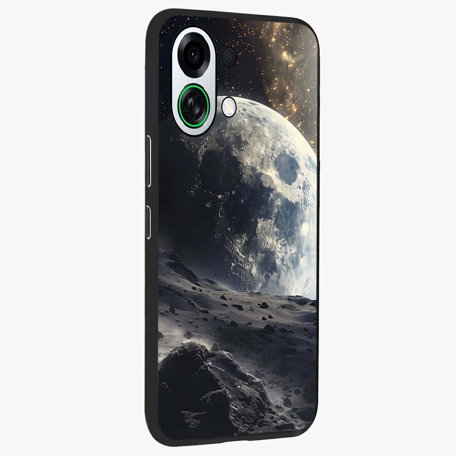 Lunar Horizon Glow Glass Case upright view showcasing radiant lunar artwork with calm cosmic theme.