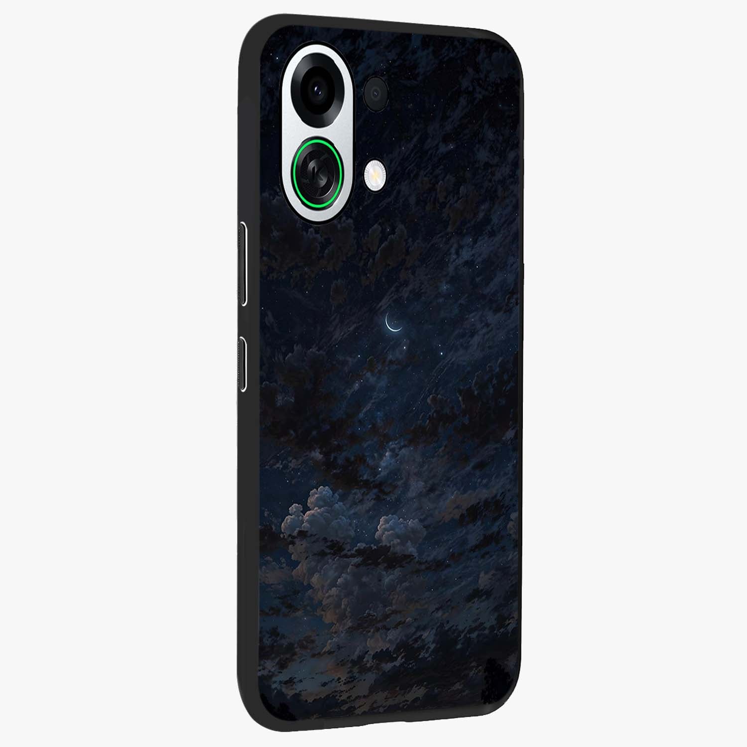 Lunar Veil Silence Glass Case upright view showcasing calm moon themed artwork with serene night atmosphere.