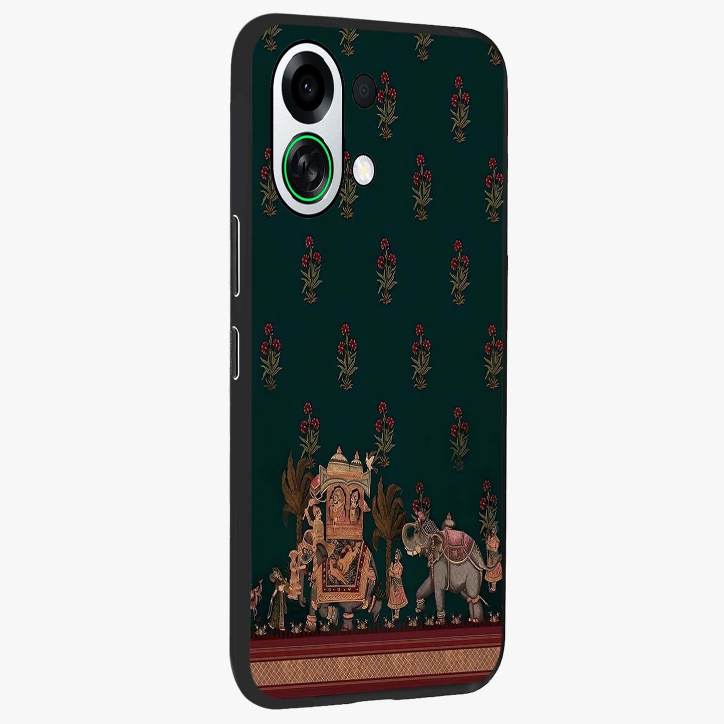 Macmerise Glass Case upright view showcasing bold artistic artwork with contemporary design theme.