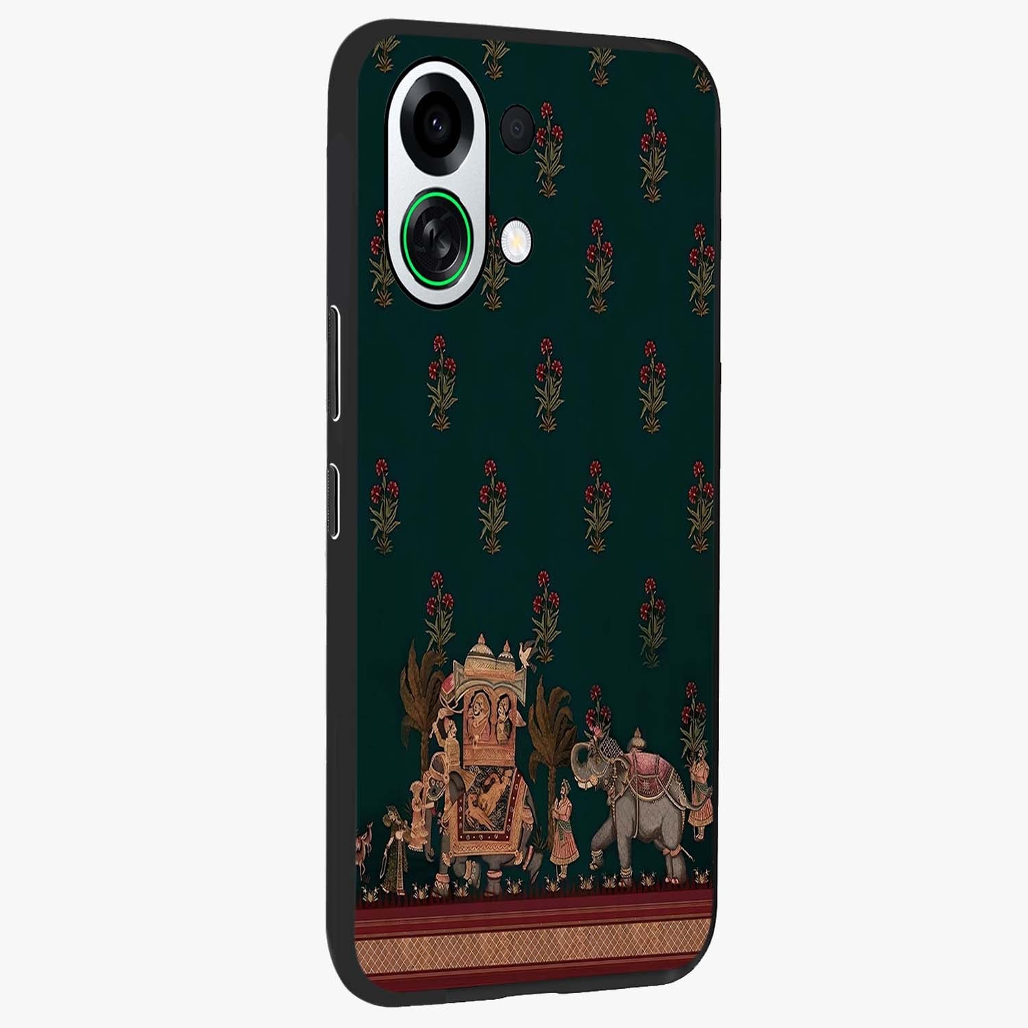 Macmerise Glass Case upright view showcasing bold artistic artwork with contemporary design theme.