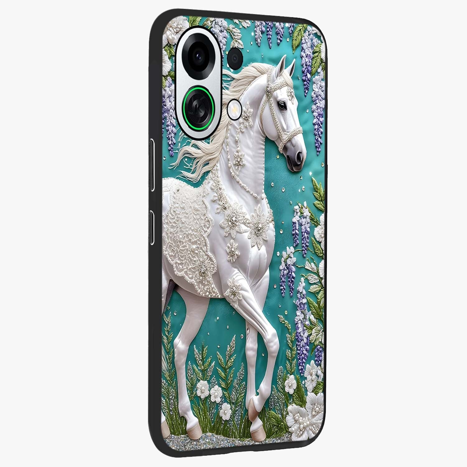 Majestic Floral Stallion Glass Case upright view showcasing dramatic horse artwork with decorative floral theme.