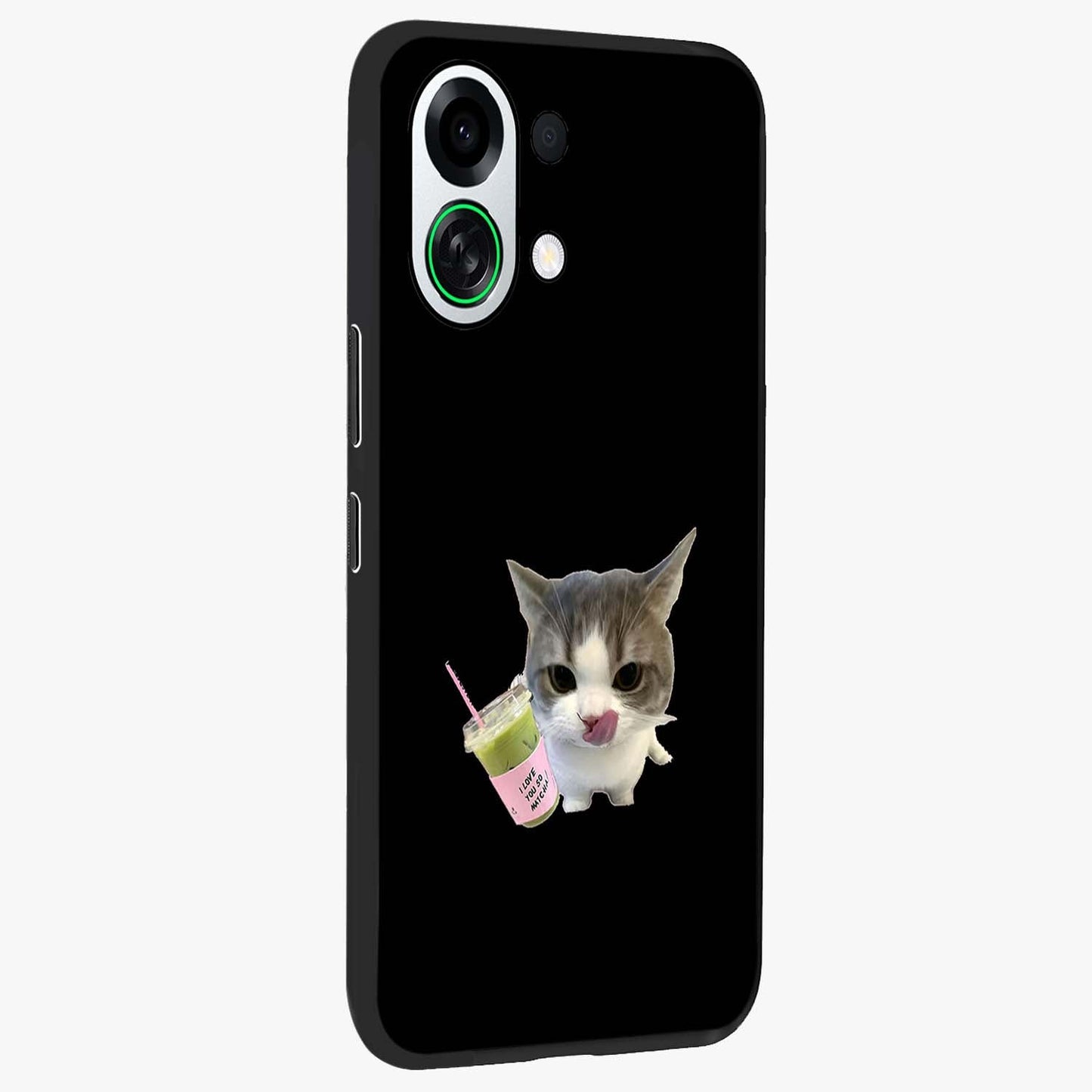 Matcha Cat Style Glass Case upright view showcasing charming cat artwork with cozy aesthetic theme.