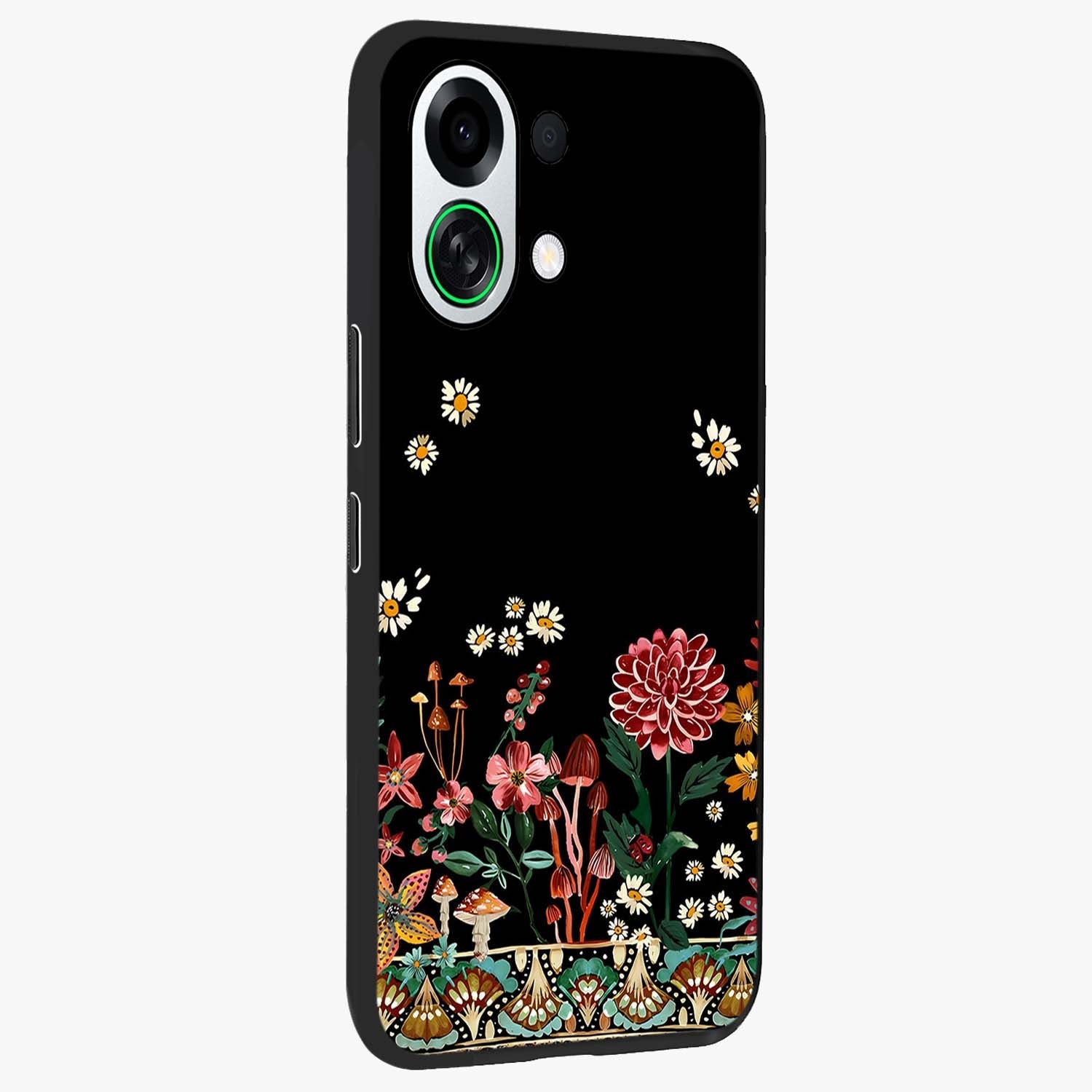 Midnight Bloom Pattern Glass Case upright view showcasing decorative floral artwork with deep night themed palette.
