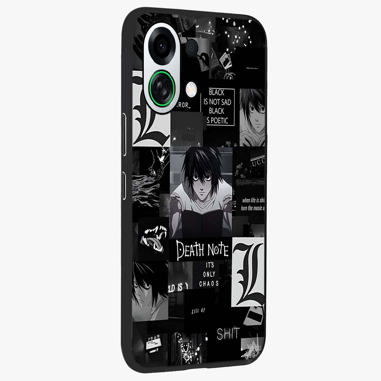Midnight Chaos Mind Glass Case upright view showcasing expressive abstract artwork with bold dark theme.