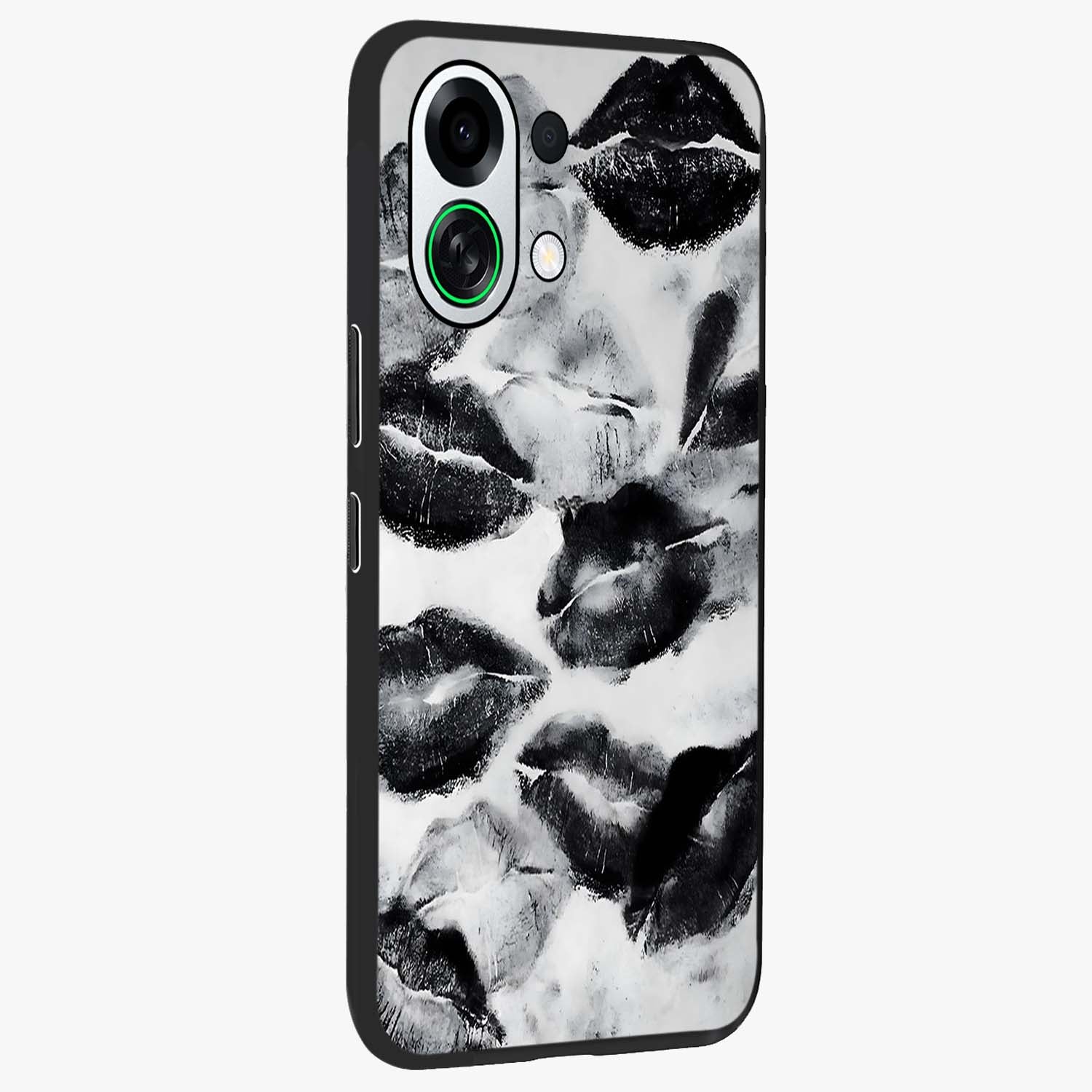Midnight Kiss Marks Glass Case upright view showcasing stylish kiss mark artwork with trendy romantic theme.