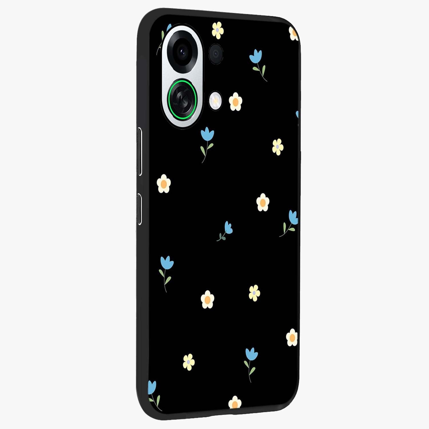 Minimal Petal Whispers Glass Case upright view showcasing elegant floral artwork with modern minimalist style.