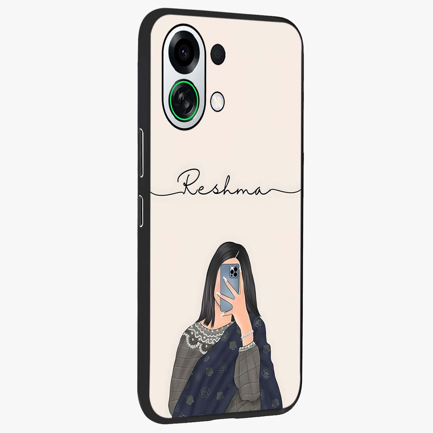 Mirror Mood Muse With Custom Name Glass Case upright view showcasing artistic mirror themed artwork with personalized aesthetic.