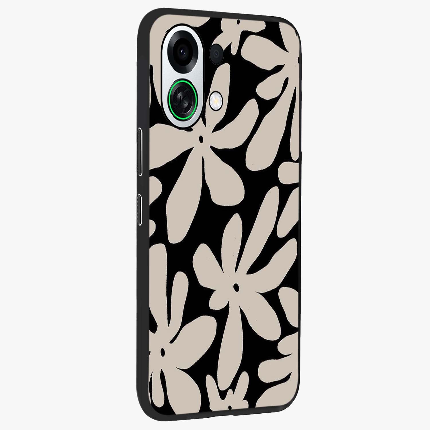 Monochrome Petal Dance Glass Case upright view showcasing artistic floral pattern with stylish monochrome theme.
