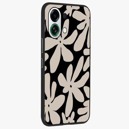 Monochrome Petal Dance Glass Case upright view showcasing artistic floral pattern with stylish monochrome theme.