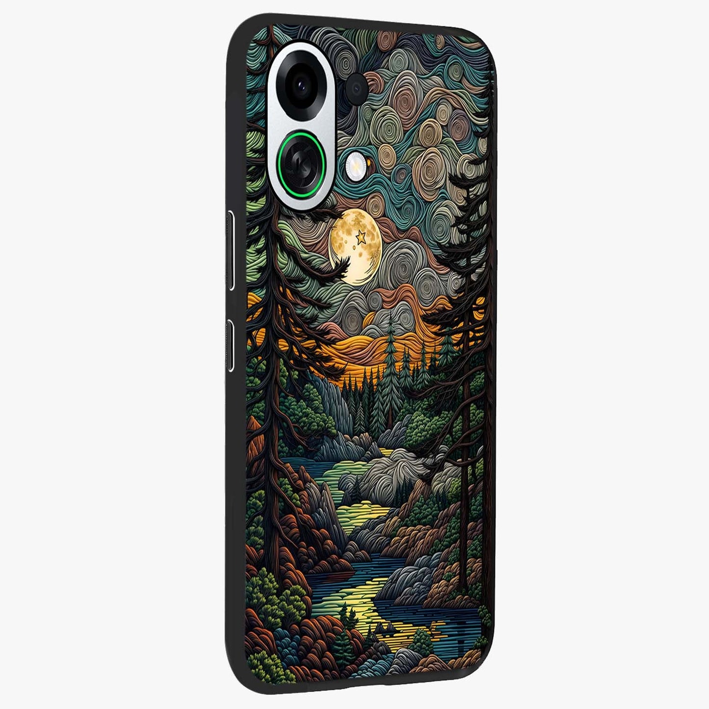 Moonlight Forest Dream Glass Case upright view showcasing magical forest artwork with calm night theme.