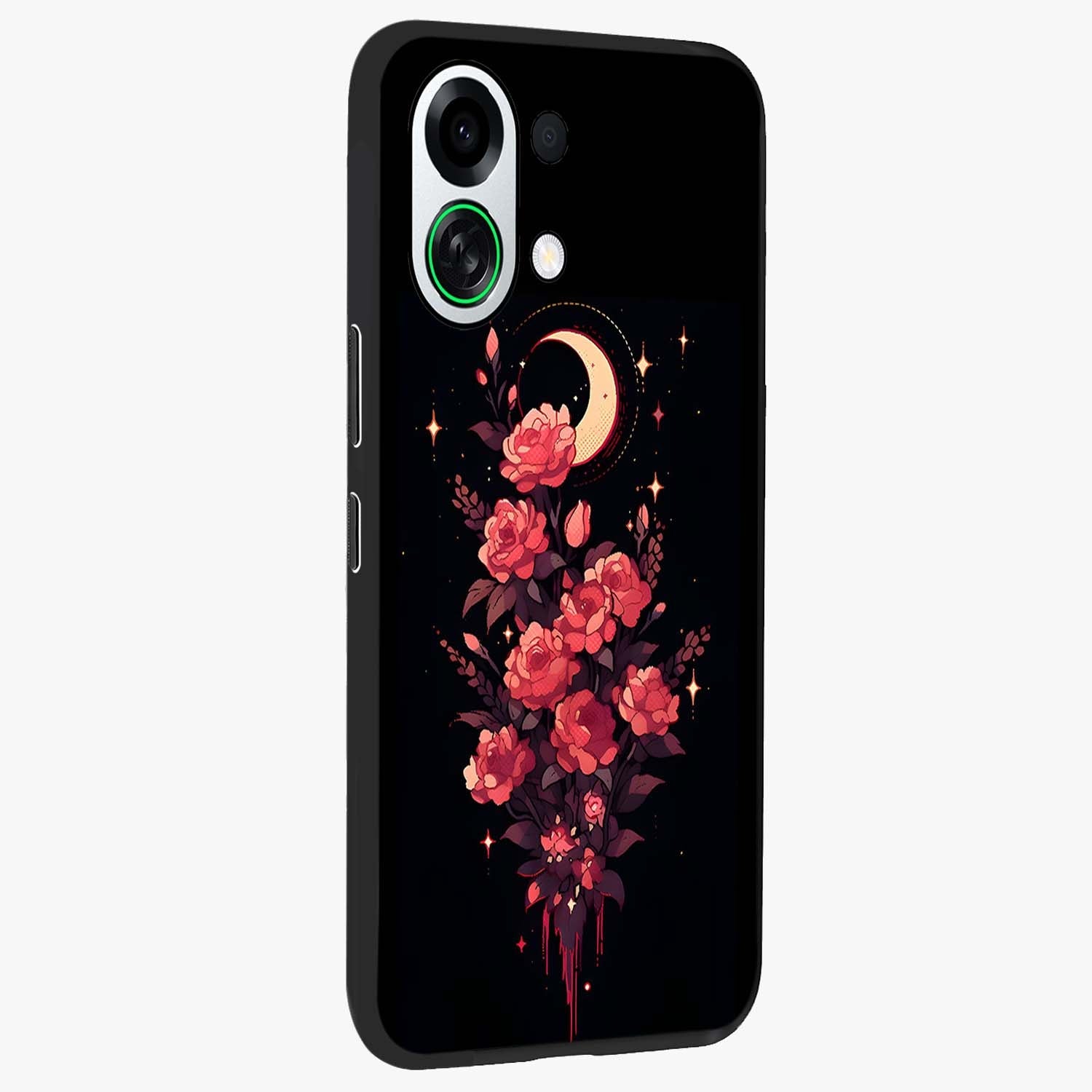 Moonlit Floral Elegance Glass Case upright view showcasing delicate floral artwork with refined night inspired theme.