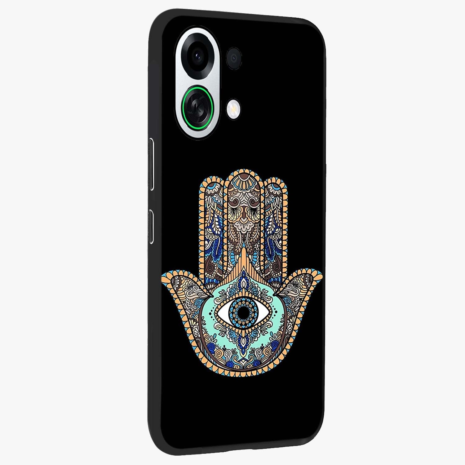 Mystic Hamsa Eye Glass Case upright view showcasing detailed hamsa eye artwork with protective spiritual theme.