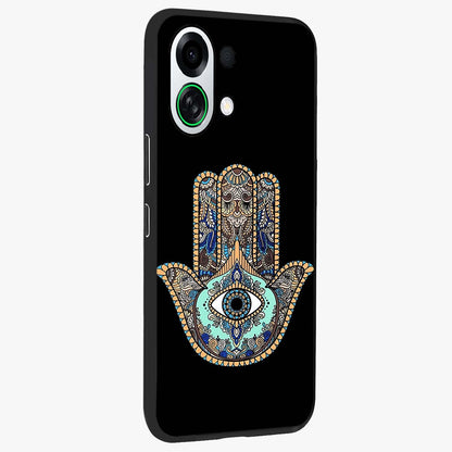 Mystic Hamsa Eye Glass Case upright view showcasing detailed hamsa eye artwork with protective spiritual theme.